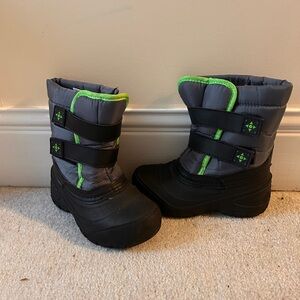 Gray and Black Winter Boots with Green Accents